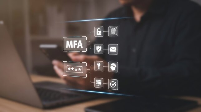 Multi-Factor Authentication Cybersecurity: Sharp Glowing White Holographic MFA Interface, Password Asterisks Protection, and Digital Padlock Fingerprint Shield Icons for Network Server Security