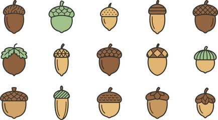 Set of cute hand drawn acorn icons for autumn season and forest nature design elements © azad