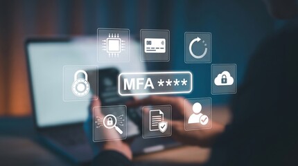 Obraz premium Multi Factor Authentication MFA Network Security Setup: Encrypted Cloud Protection, Biometric Access Verification, and Cyber Threat Data Encryption Operations using Laptop and Smartphone