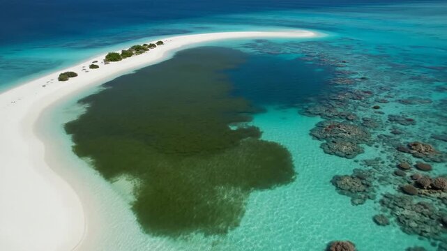 Tropical sandbar and coral reef in turquoise ocean water.