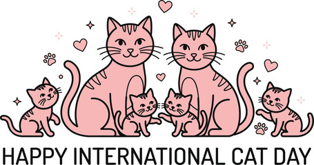 International cat day illustration family of felines with hearts and paw prints linear design © Murseda Akter