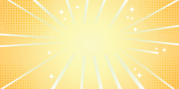 Abstract yellow manga speed lines background. Dynamic pop art radial rays template with sparkles, orange halftone dot pattern, and copy space for comic anime layout.