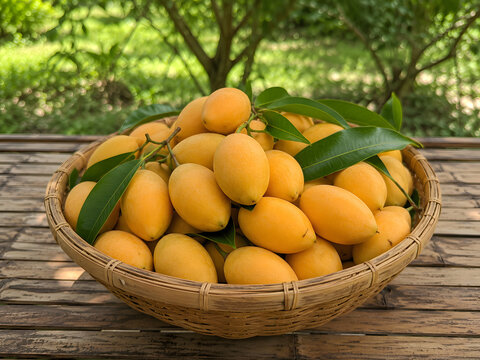 Fresh marian plum fruits with green leaves in bamboo basket on wooden background
