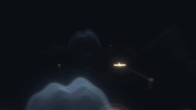 Aerodynamic vehicle navigates through dark lowpoly mountains along a laser pathway in a cinematic 3D render exploring flight simulation and data vectors