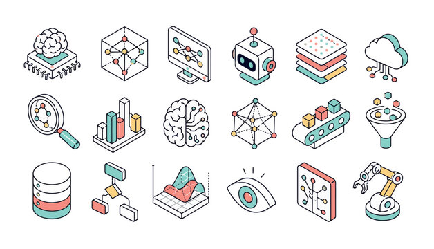 Technology icons on white background.
