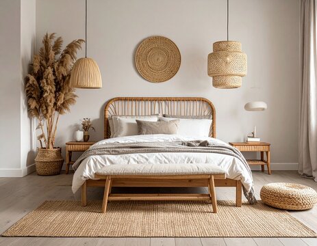 Boho-Schlafzimmer mit Rattan-Kopfteil und geflochtenen Pendelleuchten