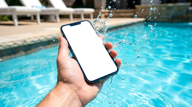 Smartphone with blank white screen held in hand above bright blue swimming pool water with dynamic splashing liquid drops