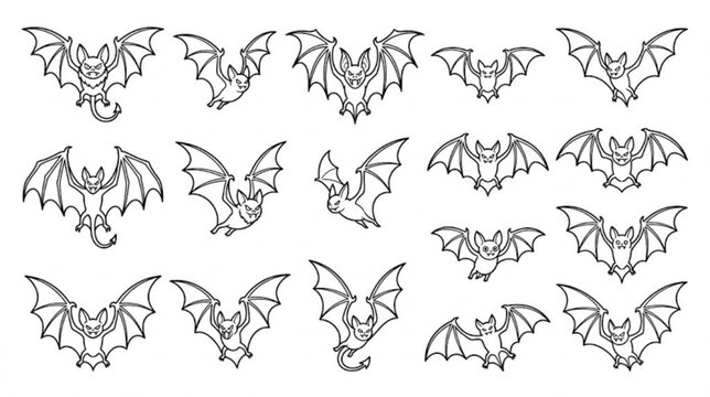Collection of cartoon bat illustrations in various poses and expressions for halloween or nocturnal themes