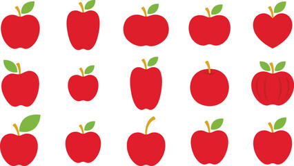 Fototapeta premium Set of various red apple icons with green leaves in a simple flat vector graphic style