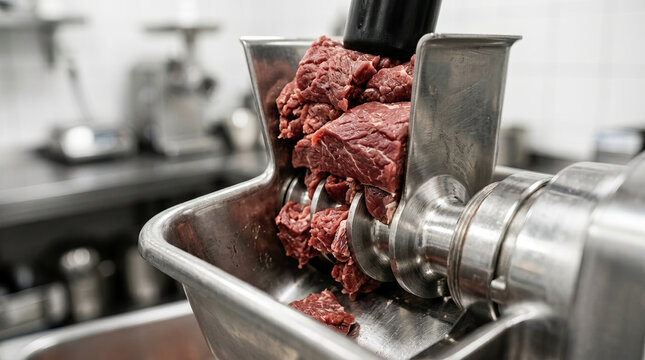Raw beef chunks being processed in stainless steel meat grinder in commercial kitchen setting, showing fresh red meat and industrial equipment