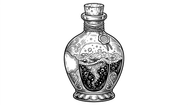 Vintage potion bottle with swirling liquid detailed engraving style illustration for fantasy and magical designs