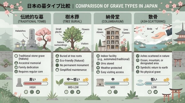Grave types comparison chart Japan traditional tomb tree burial columbarium ash scattering cost