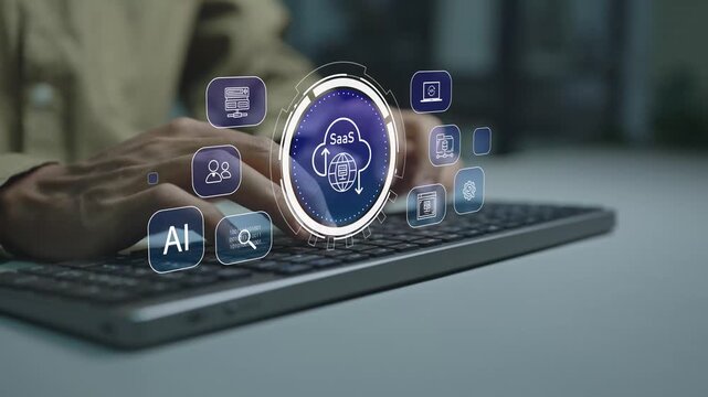 Software as a service SaaS platform concept. Person typing keyboard with cloud technology and workflow icons, online software, enterprise productivity and business management solutions.