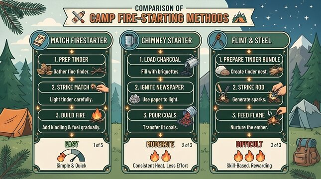 Camp fire starting methods comparison match firestarter chimney starter step difficulty