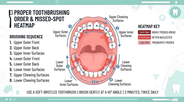 Proper toothbrushing order and missed spot heatmap open mouth diagram numbered sequence red highlighted neglected areas