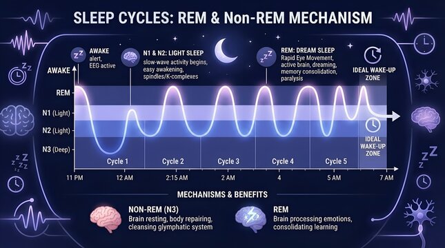 Sleep cycle REM non REM mechanism hypnogram wave chart eight hour ideal wake timing markers