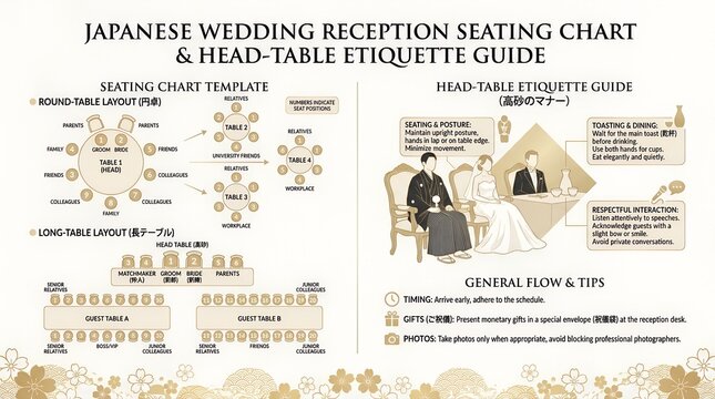 Wedding reception seating chart and head table etiquette guide infographic Japan vector
