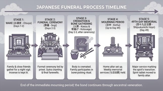 Japanese funeral ceremony process timeline infographic from wake to 49th day memorial