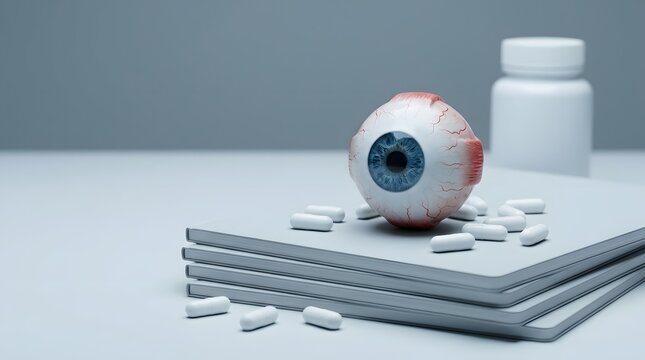 Anatomical eye model on medical books and pills