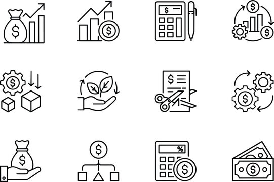 Finance icons set, economic growth illustration, investment calculation design, sustainability concept graphic, business process symbols, monetary exchange visualization, cost reduction chart