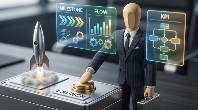 Business execution framework concept with wooden mannequin pressing launch button near rocket and digital milestone flow and KPI charts in office