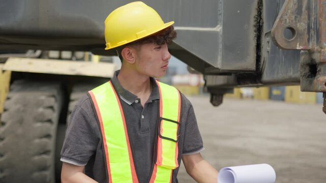 A young inspector checks a blueprint while performing quality control on heavy machinery at a container terminal, ensuring safety compliance in supply chain logistics.