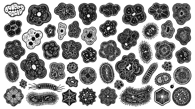 Hand Drawn Illustration of Microorganisms including Bacteria, Amoeba, and Cell Structures with Various Protozoa and Biological Microbes in Woodcut