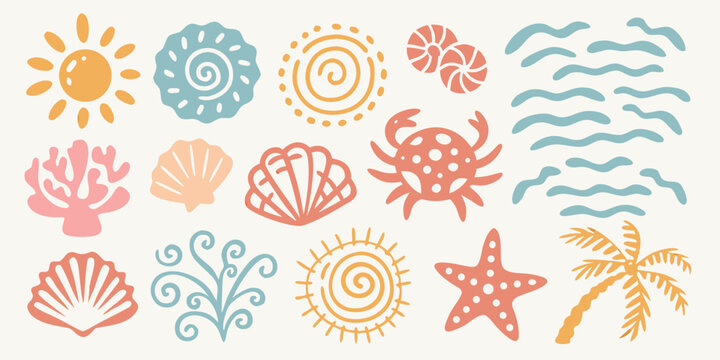 Seaside Elements Collection Vector Illustration Of Shells Suns And Marine Life
