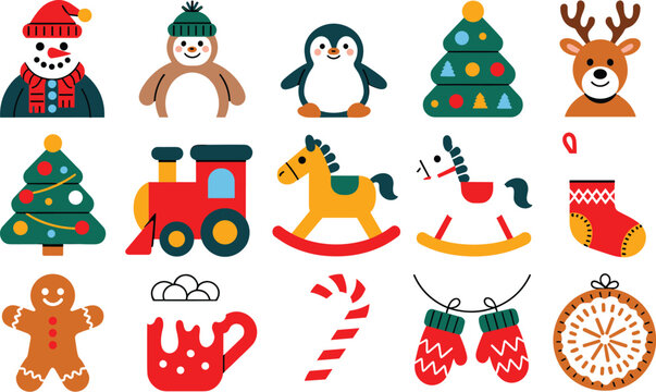 Cute Christmas Toy Icon Set with Snowman, Penguin, Reindeer, Rocking Horse, Train, Gingerbread Man, and Festive Winter Holiday Vector Elements