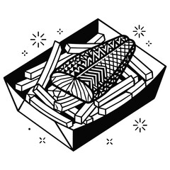 Obraz premium Minimalist line art of delicious fish and chips served in a takeout tray with french fries, a classic street food seafood dinner.