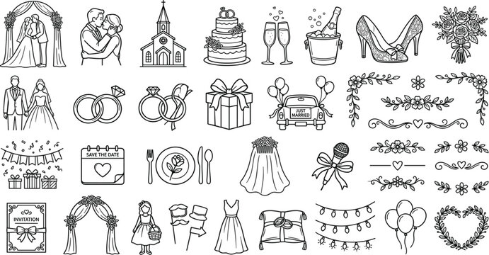 Wedding event line art icons and design elements bundle featuring bride and groom church cake rings decorations and floral borders isolated on white background.