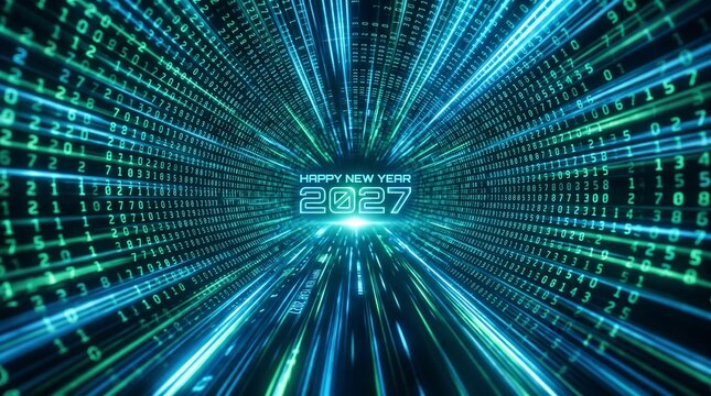 Digital tunnel with streaming blue and green binary code data, glowing light at the end, 2027 new year text, abstract technology background