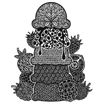 Detailed mandala illustration of a three-scoop ice cream sundae decorated with berries and intricate floral patterns for coloring book design.