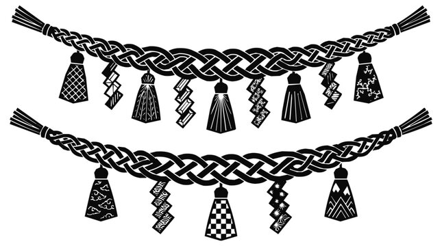 Traditional Japanese Shimenawa Sacred Decoration with Shide Zigzag Paper and Tassels for Shinto Shrine and New Year Celebration Rituals