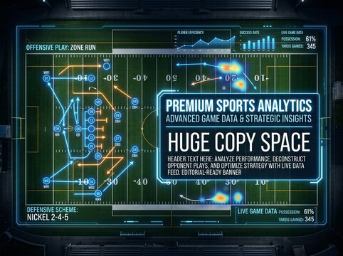 Futuristic American football sports analytics HUD interface screen showing tactical play diagrams and statistics