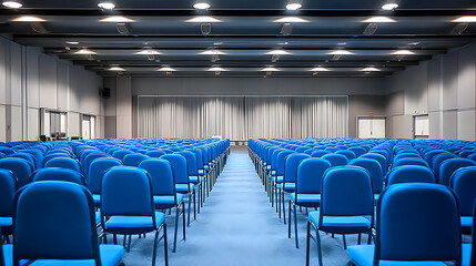 Naklejka premium Empty conference room, blue chairs, meeting space, interior design, auditorium seating