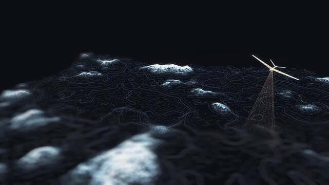 Topographical contour lines generate a digital elevation model under an autonomous drone in a 3D animation loop highlighting data analytics and mapping