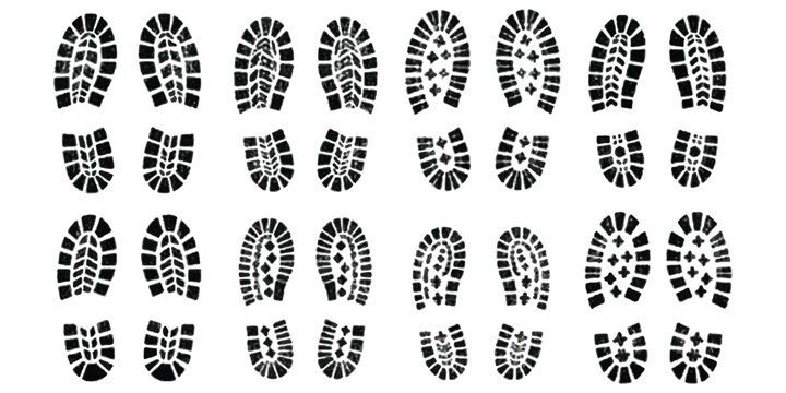 Set of black shoe print tracks and boot sole marks for walking and hiking design elements