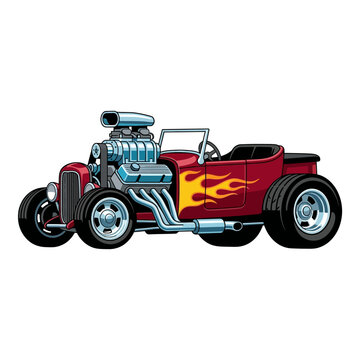 Red Hot Rod Car with Flames and Supercharger - Classic Automobile