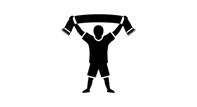Silhouette of a Sports Fan Holding a Scarf Above Head, Cheering for Their Team on an Isolated White Background