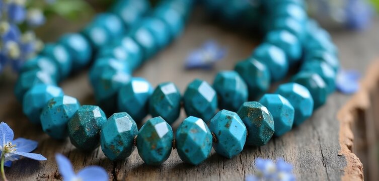 Faceted blue chrysocolla beads on rustic wood surface with delicate blue flowers. Gemstone strand suggests natural beauty, artisanal jewelry, or earthy decor.