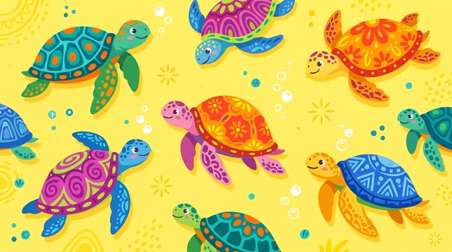Colorful turtles are made on a light yellow background in a landscape orientation.