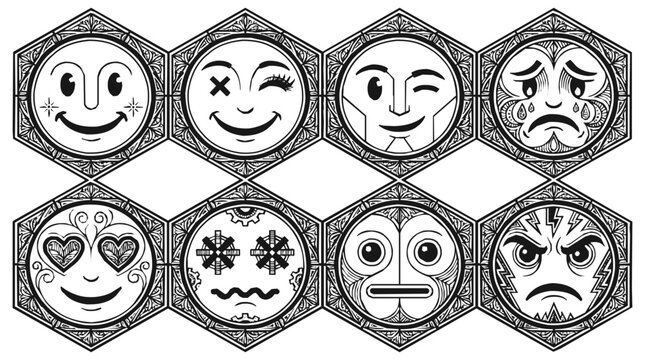 A collection of ornate emoji icons showing various facial expressions in a vintage woodcut style set within decorative hexagonal frames.
