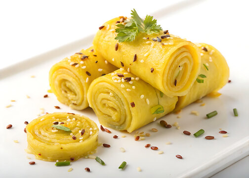 Khandvi, rolled gram flour snack, isolated on white background