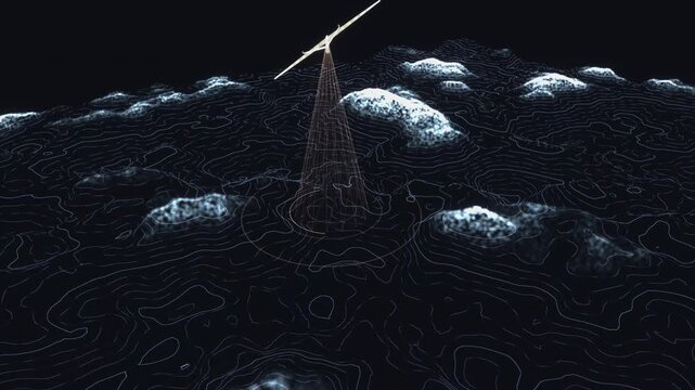 Drone aircraft scans a digital wireframe landscape in a futuristic 3D animation loop mapping mountains with holographic scanning lines for technology concepts
