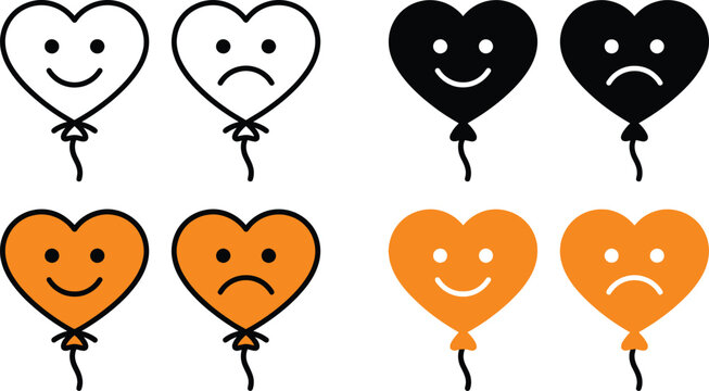 Heart shaped balloons with smiling and frowning faces