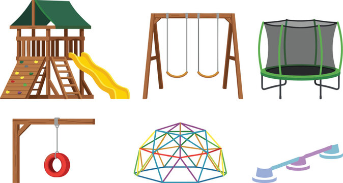 Playground equipment collection featuring wooden playset swings trampoline climbing dome and balance beam outdoor recreation vector illustration set