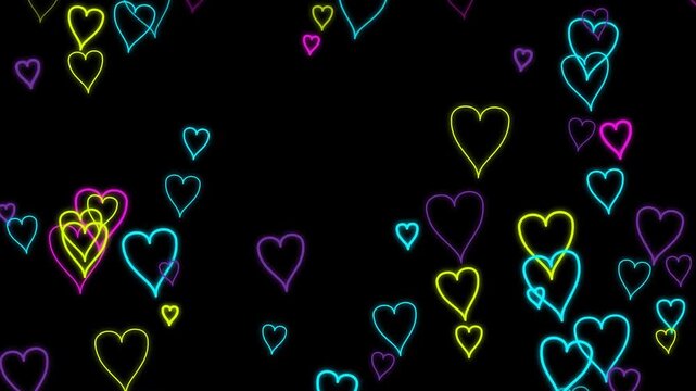 Neon Candy Color Hearts Outlines Floating on Black Background Motion Graphic