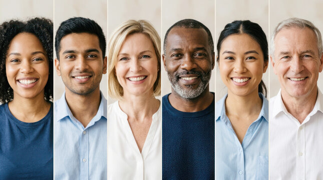 Diverse group of six smiling individuals with varying hairstyles and clothing, standing in a row against a neutral background