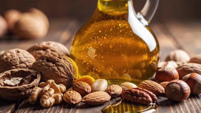 Nut oil in glass bottle with assorted nuts on wood